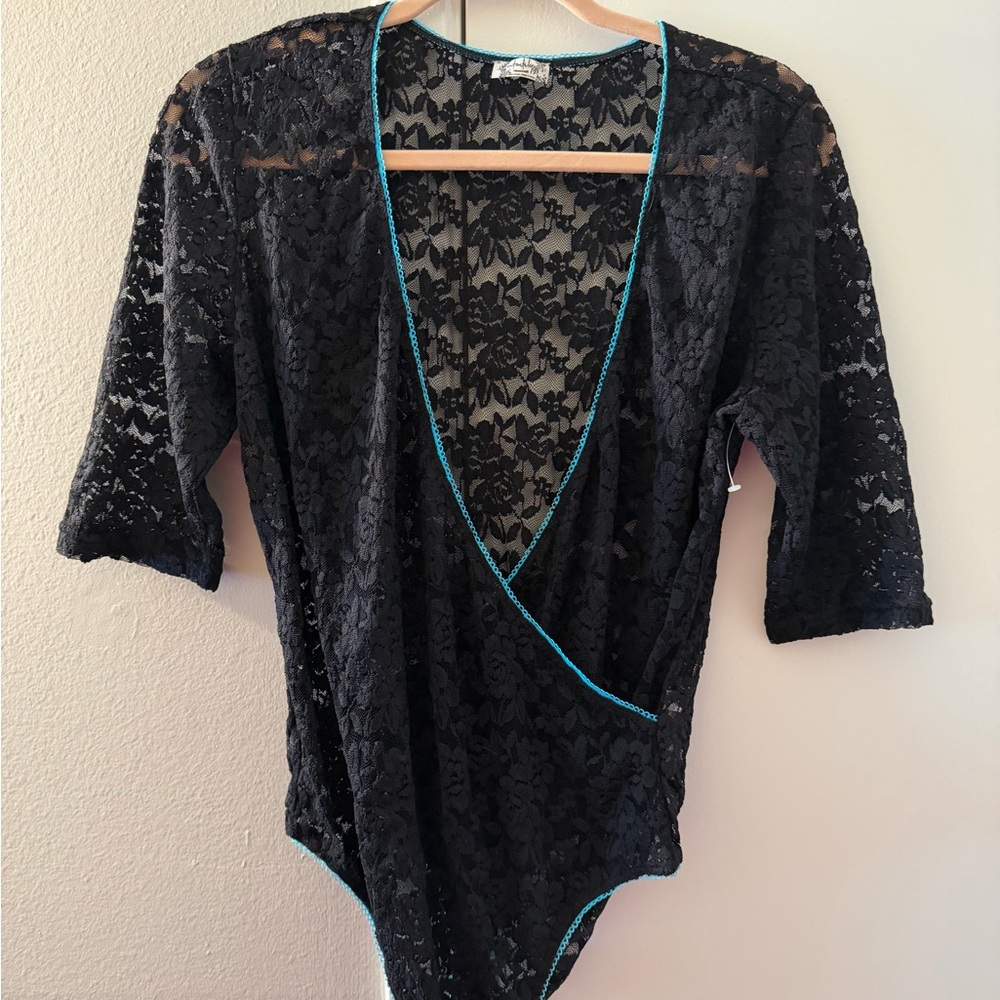 Free People Black Lace Bodysuit with Blue Trim